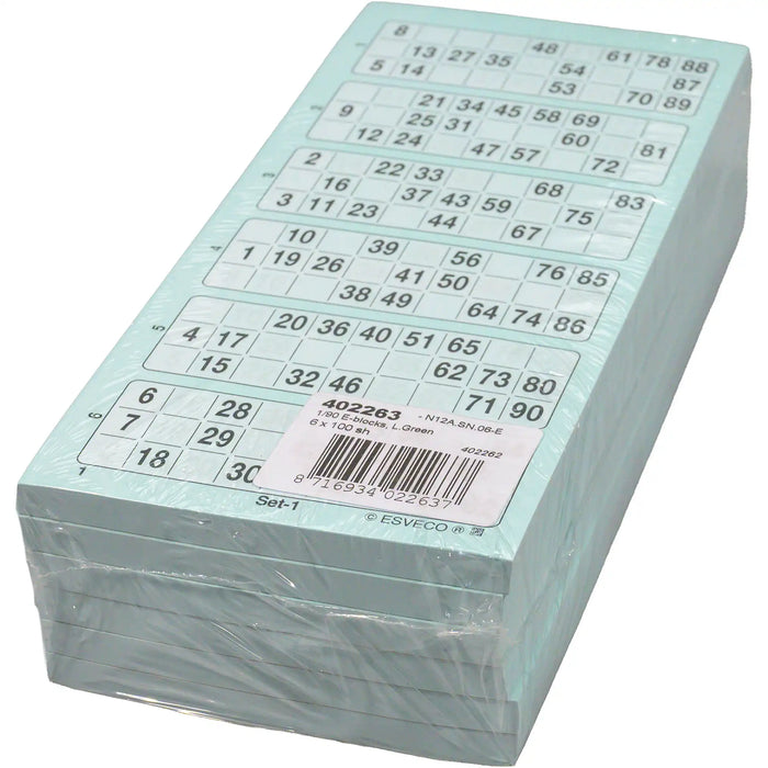 Bingokaarten 1-90 doorlopend 600vel Enkel, pak groen.