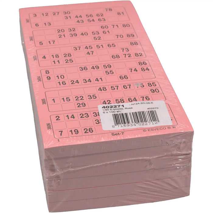 Bingokaarten 1-90 doorlopend 600vel Enkel, pak roze.