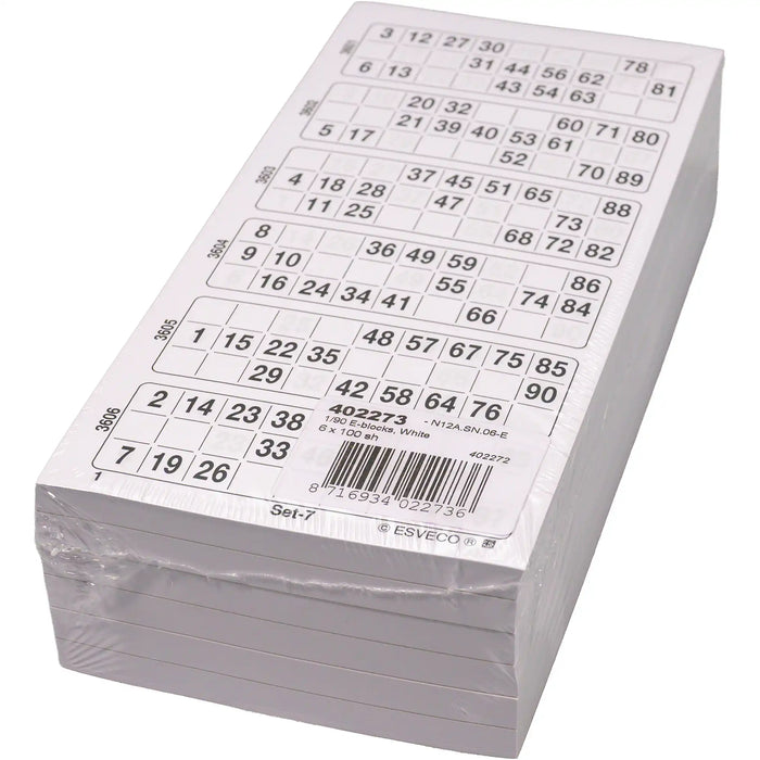 Bingokaarten 1-90 doorlopend 600vel Enkel, pak wit.