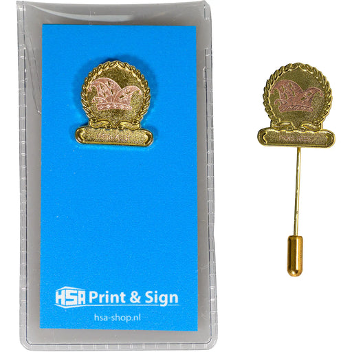 Jubileum speldje voorbeeld gegraveerd goudkleurig speldje.
