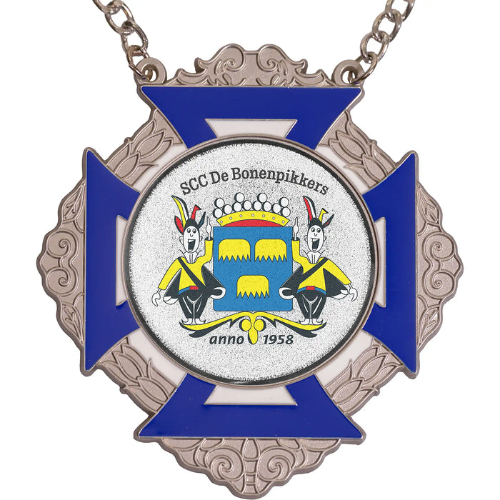 Medaille Bartholo Zilver-misty blauw-wit met logo van SCC De Bonenpikkers uit Chaam.