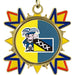 Close-up van medaille Hemko goudkleurig met logo en blauw-geel halslint.