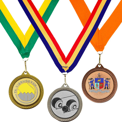 Medaille Levi voorbeelden van goud, zilver en brons met verschillende logo's en kleuren halslint.