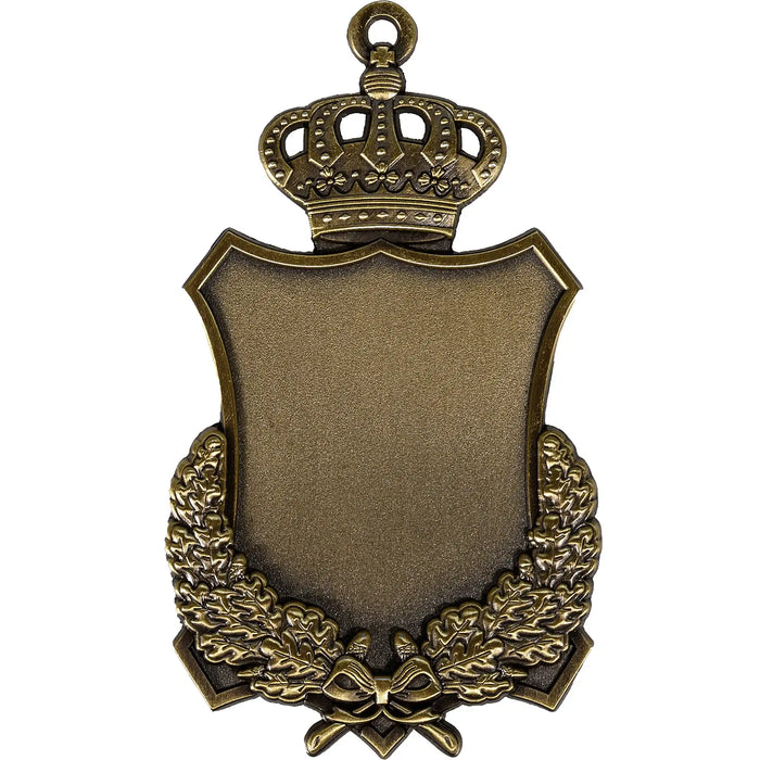 Medaille Lyna Antiek Goud. Opengewerkte kroon aan de bovenzijde. Een schildvorm in het midden voor de te graveren tekst met aan de onderzijde een lauwerkrans.