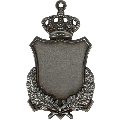 Medaille Lyna Antiek Zilver. Opengewerkte kroon aan de bovenzijde. Een schildvorm in het midden voor de te graveren tekst met aan de onderzijde een lauwerkrans.