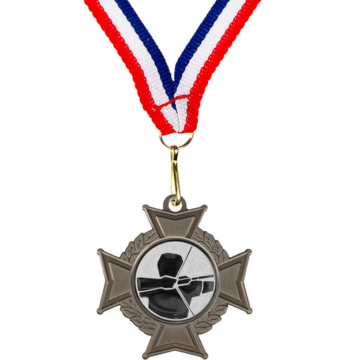 Medaille Midas cross met standaard afbeelding van boogschieten en halslint rood-wit-blauw.
