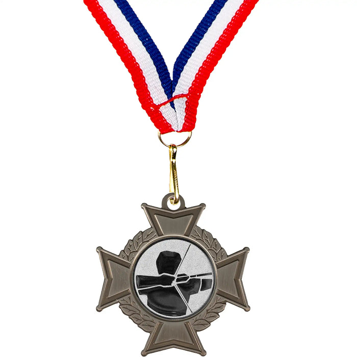 Medaille Midas cross met standaard afbeelding van boogschieten en halslint rood-wit-blauw.