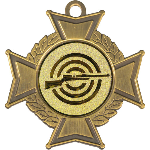 Close-up van medaille Midas cross bronskleurig met standaard afbeelding geweerschieten met oranje halslint.
