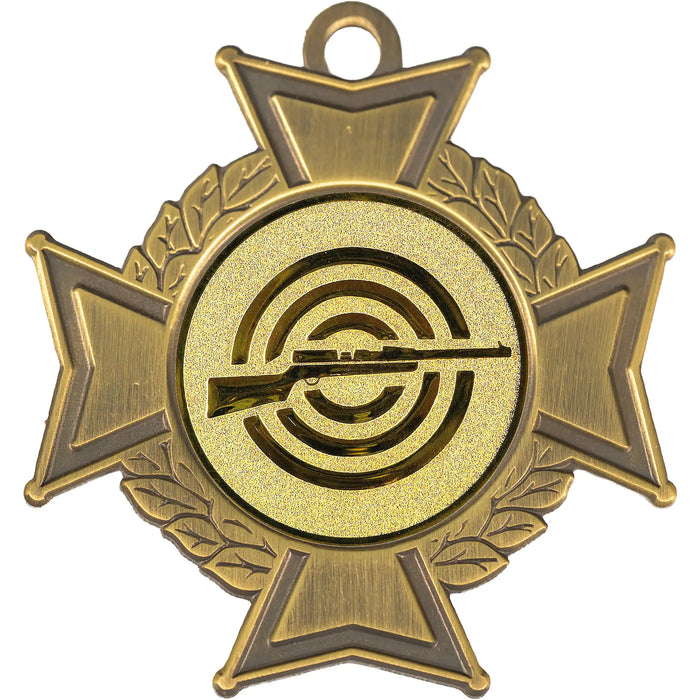 Close-up van medaille Midas cross bronskleurig met standaard afbeelding geweerschieten met oranje halslint.