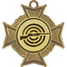 Close-up van medaille Midas cross bronskleurig met standaard afbeelding geweerschieten met oranje halslint.