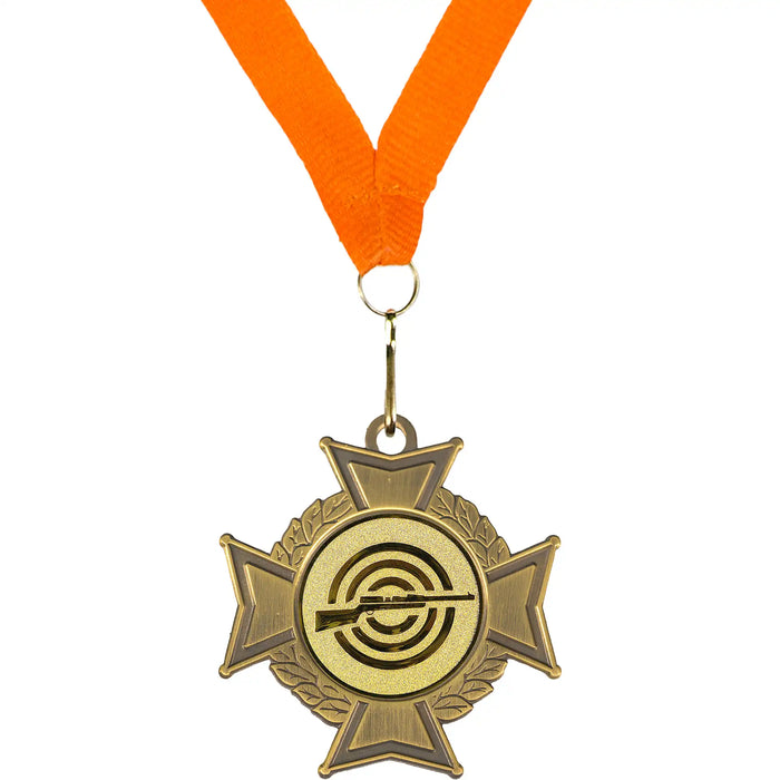 Medaille Midas cross bronskleurig met standaard afbeelding geweerschieten met oranje halslint.