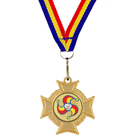 Medaille Midas cross goudkleurig met logo en halslint rood-geel-blauw.