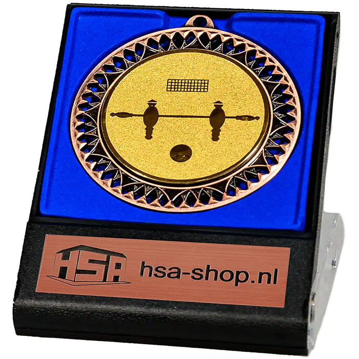 Medaille in etui zonne bronskleurig met standaard afbeelding tafelvoetbal.