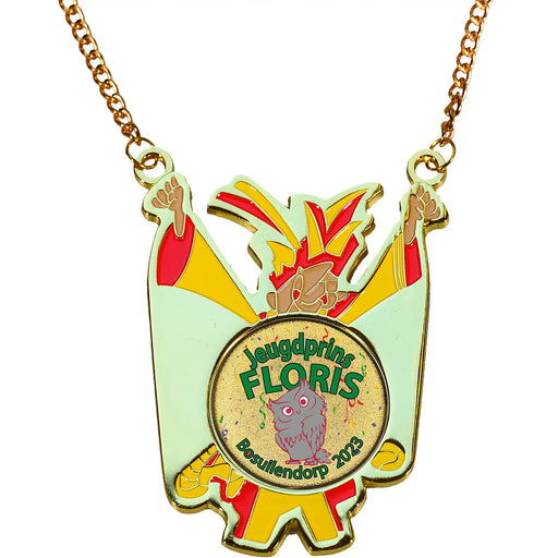 Medaille Prins Joris goudkleurig met logo van Jeugdprins Floris uit Bosuilendorp.