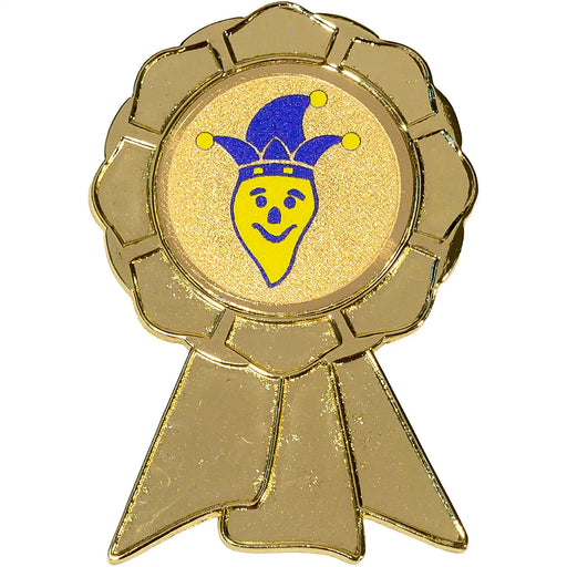 Goudkleurige pin in de vorm van een rozet met als voorbeeld het logo van de Betekoppen uit Sas van Gent erop.