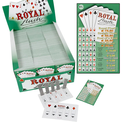Geopende doos met 1200 tickets van het pokerspel met daarvoor enkele losse tickets met geopend luikjes.