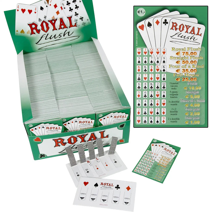 Geopende doos met 1200 tickets van het pokerspel met daarvoor enkele losse tickets met geopend luikjes.