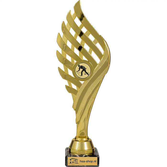 Gouden trofee Matthew 27 cm met sportembleem en gravure.
