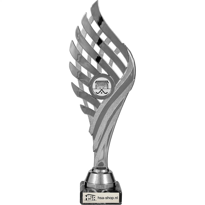 Zilveren trofee Matthew 27 cm moderne sporttrofee met marmeren voet.