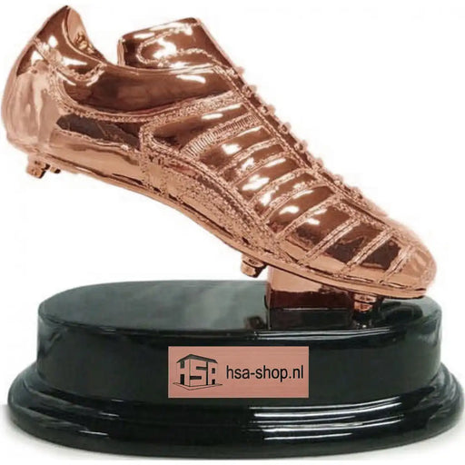 Trofee Bronzen voetbalschoen op zwart ovalen voet. 