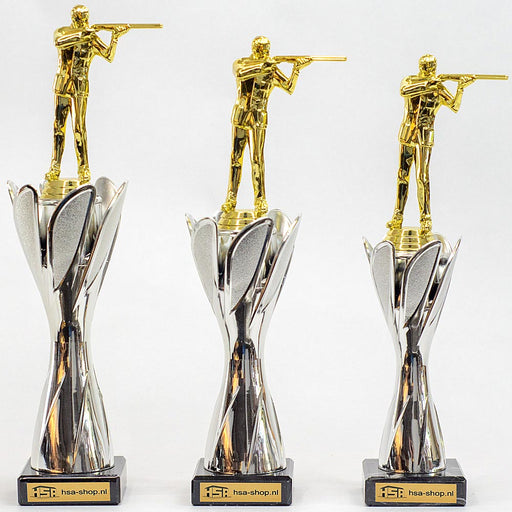 Serie van drie trofeeën met goudkleurige geweer schutter