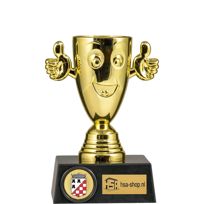 Trofee Happy goudkleurig 13.5 cm hoog met logo van Rugbyclub Etten-Leur.