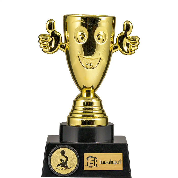 Trofee Happy goudkleurig 15 cm hoog met standaard afbeelding van waterpolo.