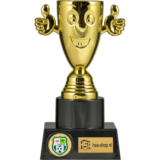 Trofee Happy goudkleurig 16.5 cm hoog met logo van rksv Groen Wit.