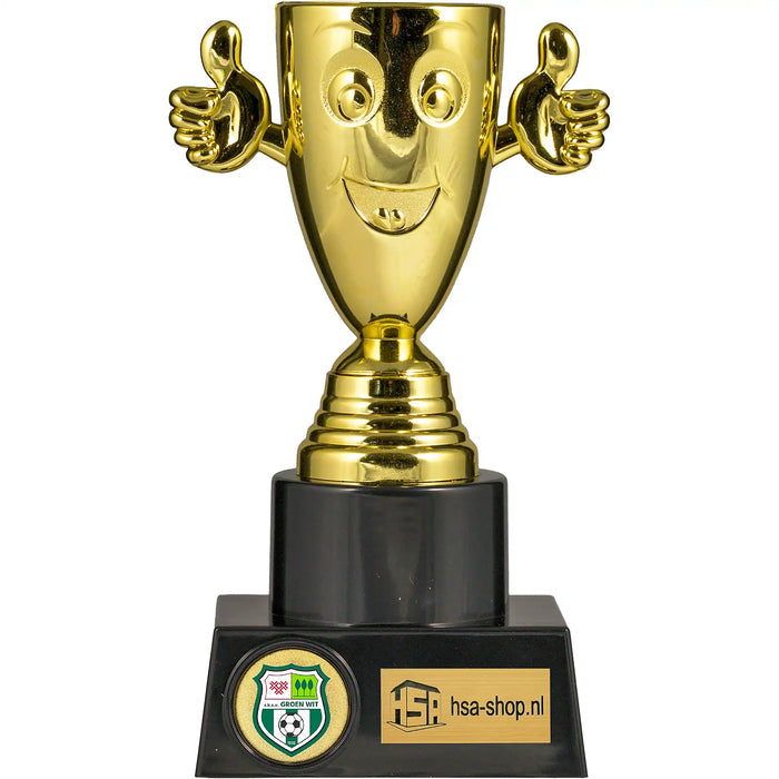 Trofee Happy goudkleurig 16.5 cm hoog met logo van rksv Groen Wit.