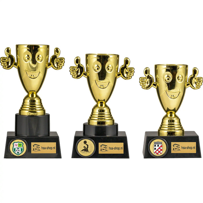 Trofee Happy goudkleurig hele serie van drie op een rij.
