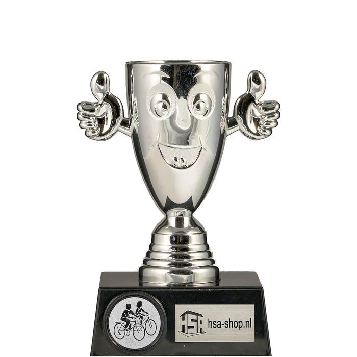 Trofee Happy zilverkleurig 13,5cm hoog met standaard afbeelding van toerfietsen.