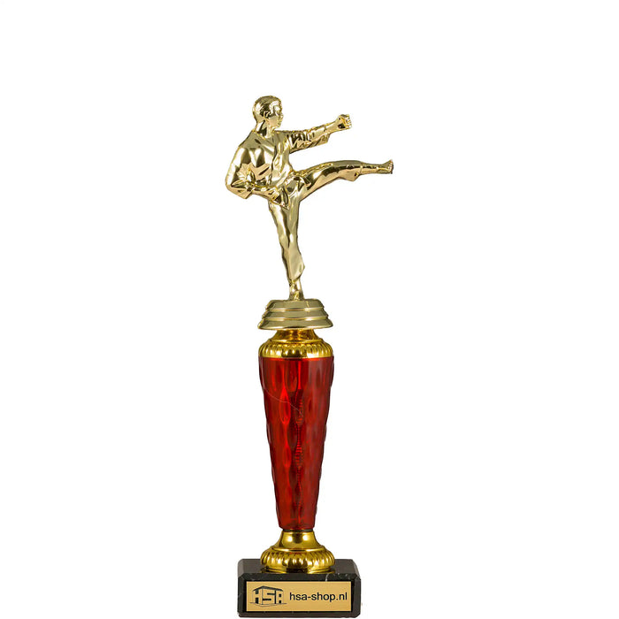 Trofee Karate van 23,5 cm hoog met rood transparant tussenstuk.