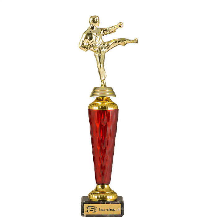 Trofee Karate van 25,5 cm hoog met rood transparant tussenstuk.