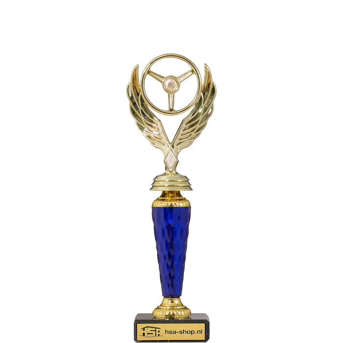 Trofee Melton autosport 26 cm met blauw transparant tussenstuk