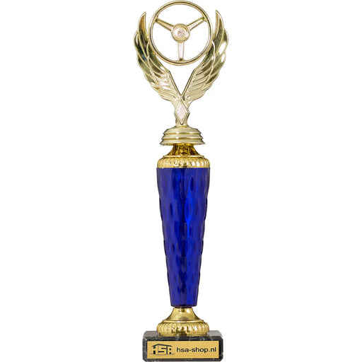 Trofee Melton autosport 30 cm met goudkleurig stuurwiel en blauw tussenstuk