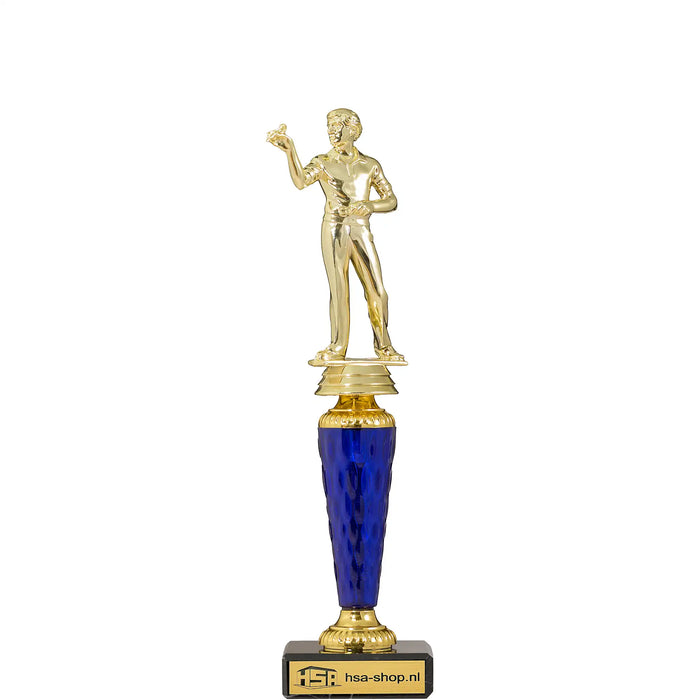 Trofee Melton darten 26,5 cm met goudkleurige dartspeler en blauw tussenstuk