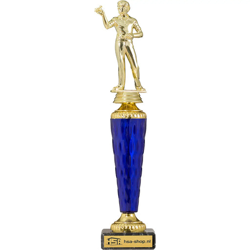 Trofee Melton darten 30,5 cm met blauw transparant tussenstuk en gratis gravure