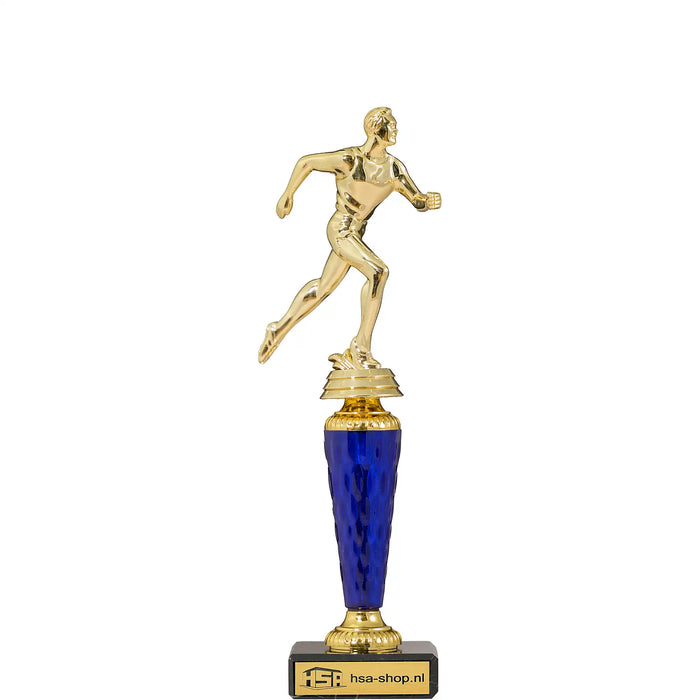 Trofee Melton hardlopen 26,5 cm met goudkleurige hardloper en blauw tussenstuk