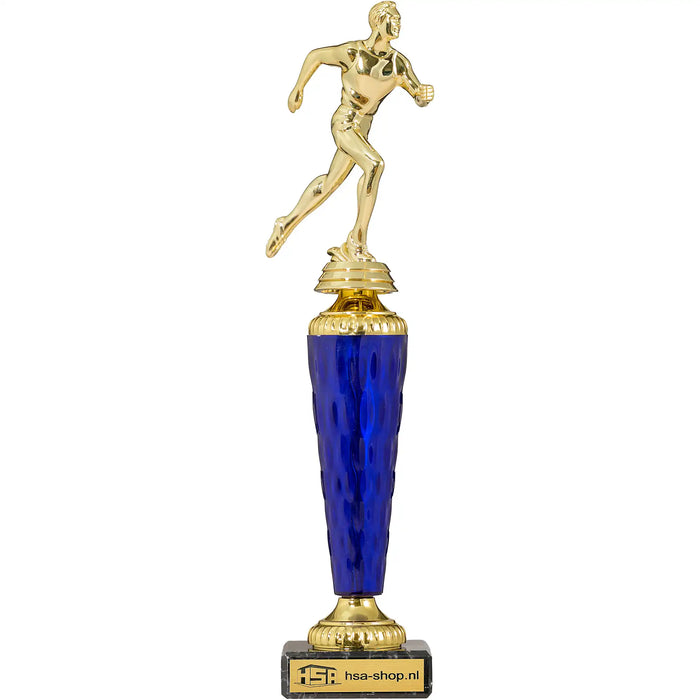 Trofee Melton hardlopen 30,5 cm met transparant blauw tussenstuk en gratis gravure