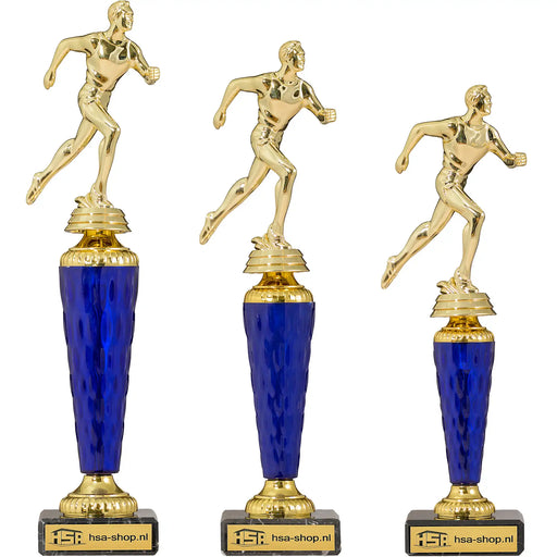 Trofee Melton hardlopen serie in drie maten met goudkleurige hardloper
