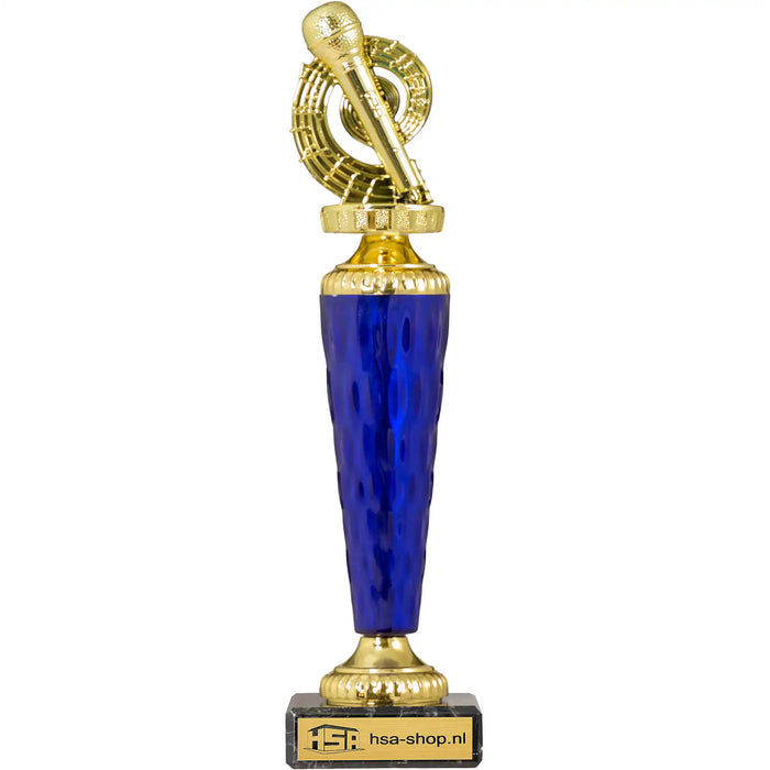 Trofee Melton muziek microfoon 29 cm met goudkleurig microfoon topstuk en blauw tussenstuk