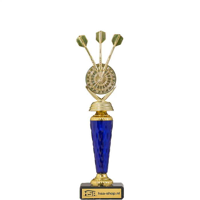 Trofee Melton darten 26 cm met blauw transparant tussenstuk