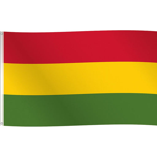 Vlag met horizontale strepen in rood, geel en groen. Witte zoom met twee stalen ogen.