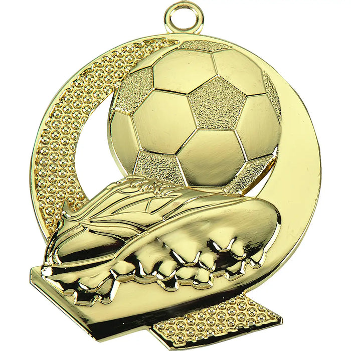 Voetbalmedaille Bal & Schoen goud 43 mm in 3D