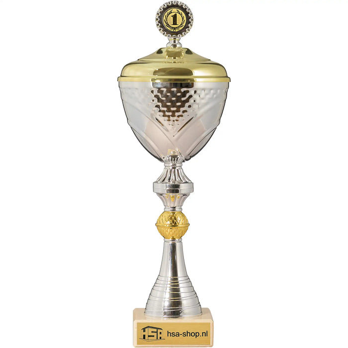 Beker Maya 37 cm zilver goud met deksel en marmeren voet.