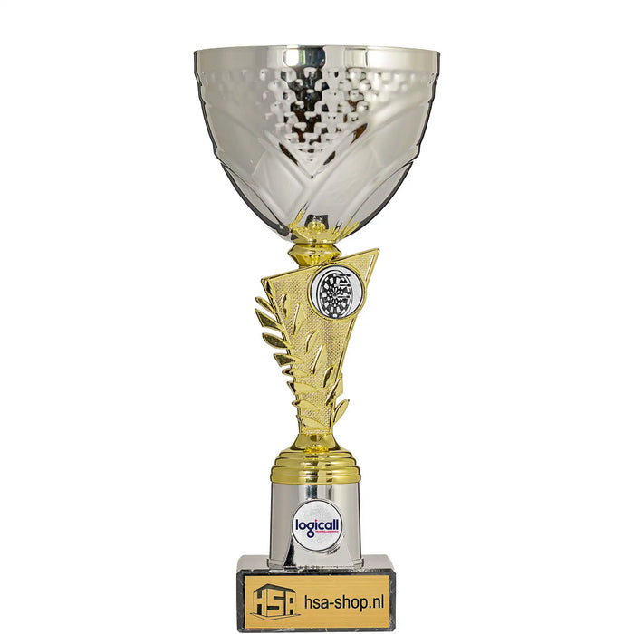 Beker Melody 28 cm sporttrofee met dubbele logo mogelijkheid.