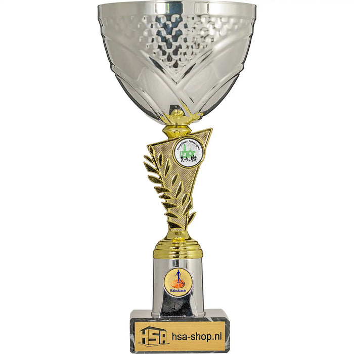 Beker Melody 30 cm goud zilver met marmeren voet en logo.