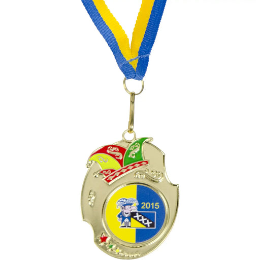 Medaille Harvey goudkleurig met logo in blauw-geel.