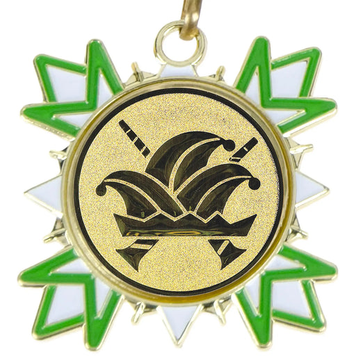 Medaille Hemko goud met standaard afbeelding van een carnavalssteek. Close-Up.