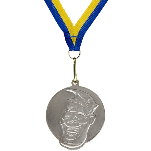 Medaille Prins Jerry met lachend gezicht en steek. Zilverkleurig met voorbeeld halslint in blauw-geel.